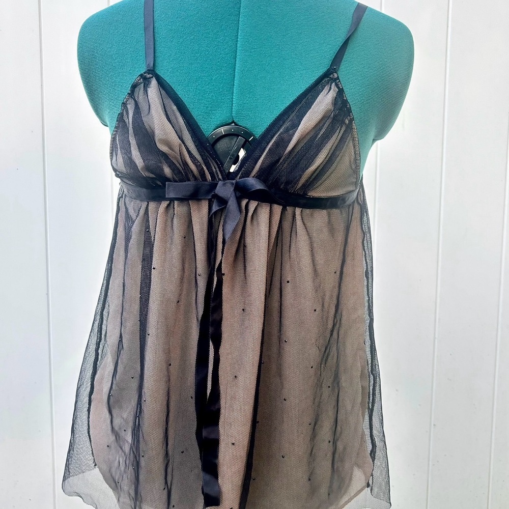 VICTORIA’S SECRET SIZE S black #babydoll top with mesh, jewels, and beige lining